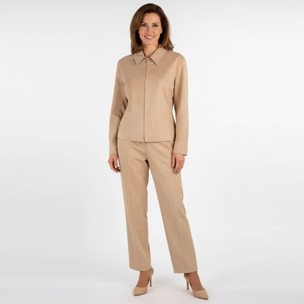 Vintage CLEO Petites Pant Suit Coord Set Blazer Faux Suede 90s Tan Microsuede
